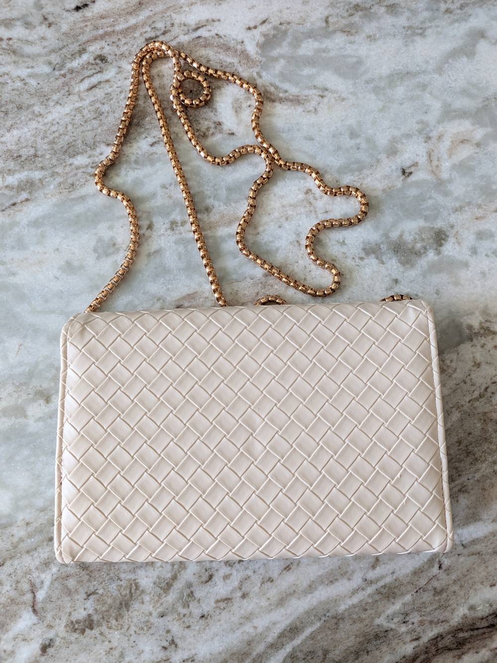 Women's Cream Woven Leather Dressy Crossbody Bag with Gold Chain - Picture 4 of 11